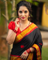 Women's Black Khann Paithani Border Saree with Hand Motif